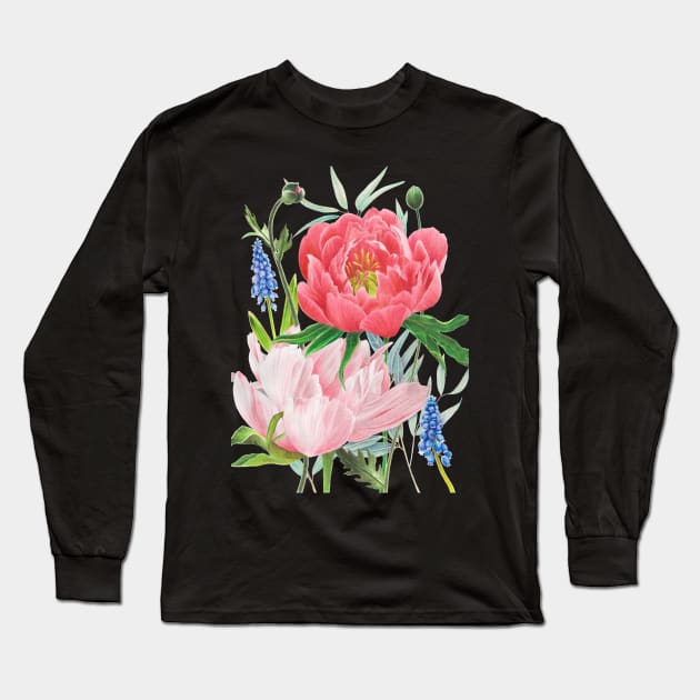 Colorful Pink Peony Botanical Illustration Long Sleeve T-Shirt by amberafrazier